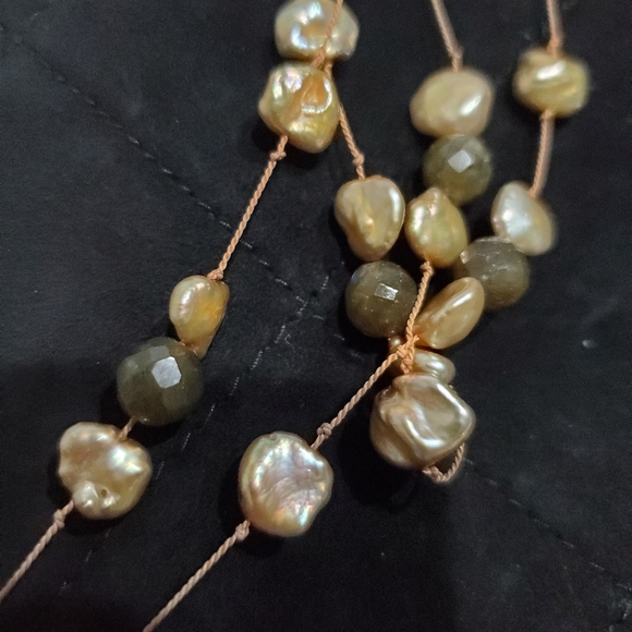 Labradorite Champagne Pearl Beads Sterling Silver Clasp Long 30" Necklace - Picture 3 of 10